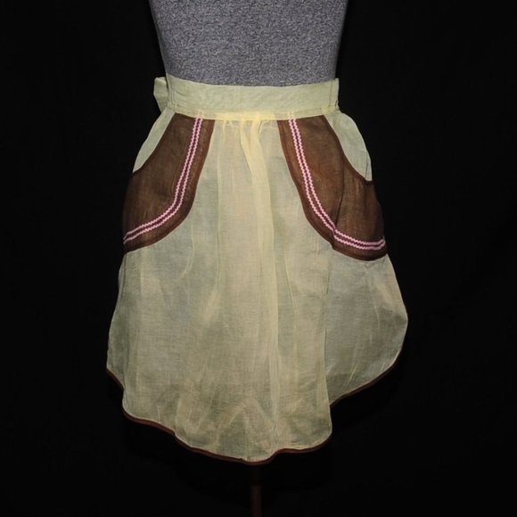 Vintage 50s Yellow Organza Fancy Hostess Apron Brown Circle Pockets w/ Rick Rack - Picture 2 of 8